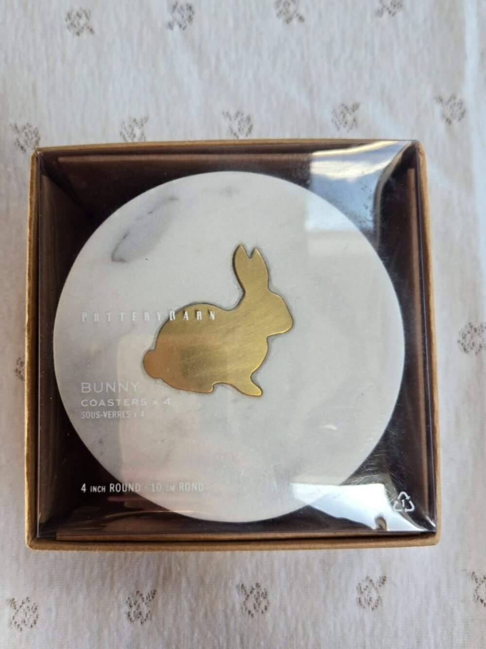 NIB Pottery Barn Bunny Marble Coasters - White with Gold Rabbit - Set of 4